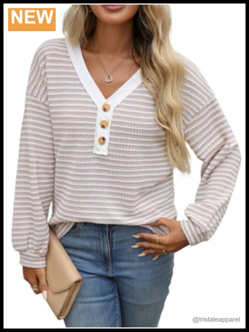 Women's Striped V-Neck Henley Long Sleeve Knit Top